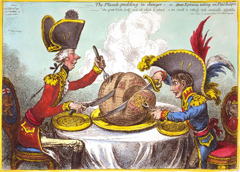 James Gillray’s “The Plumb-pudding in danger; or, State epicures taking un petit souper…”, 1805.