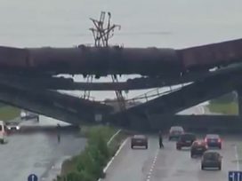 destroyed railway bridge in Donbass